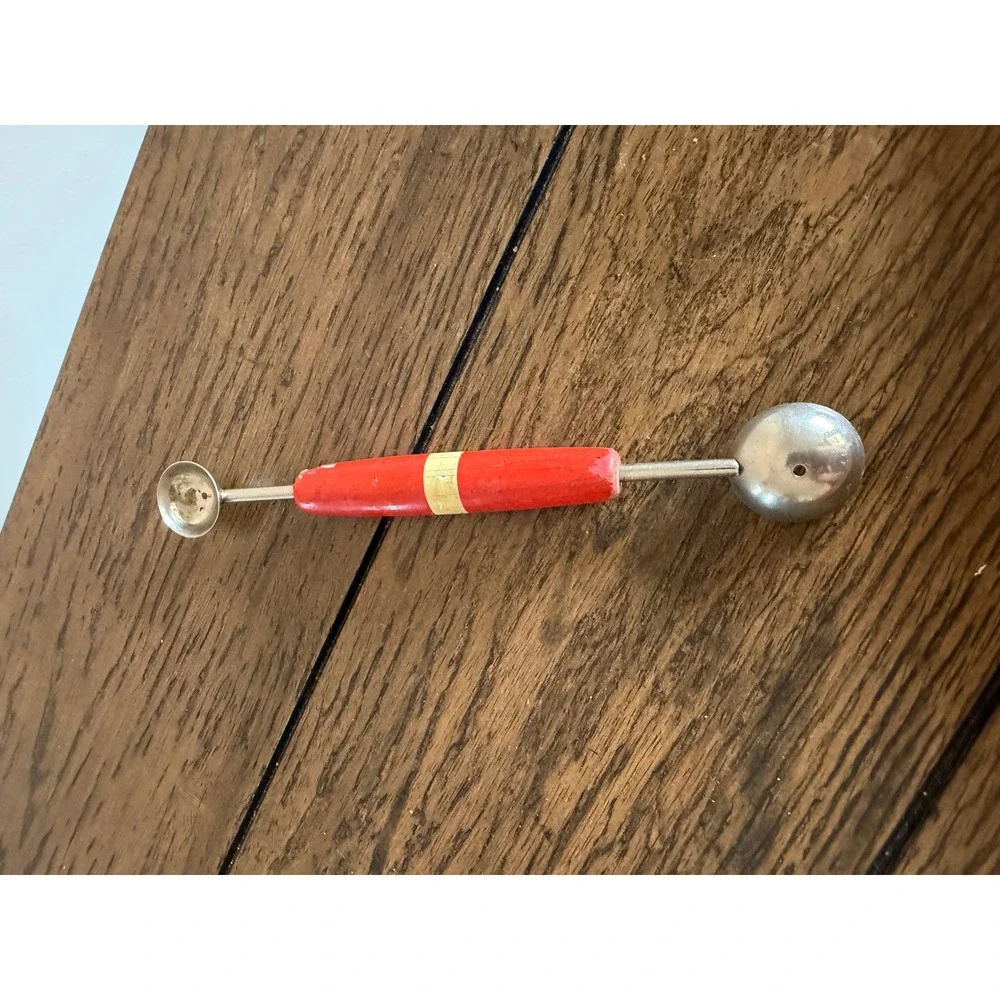Vintage Double Sided Wood Handle Melon Baller Kitchen Tool Red